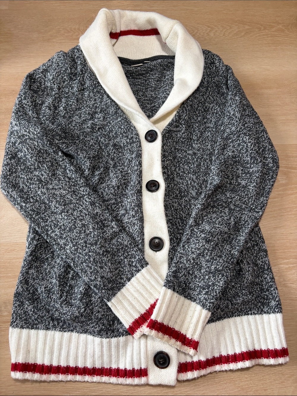 twik Cream Shawl Collar Cardigan with Red Accent and Marled Gray Body